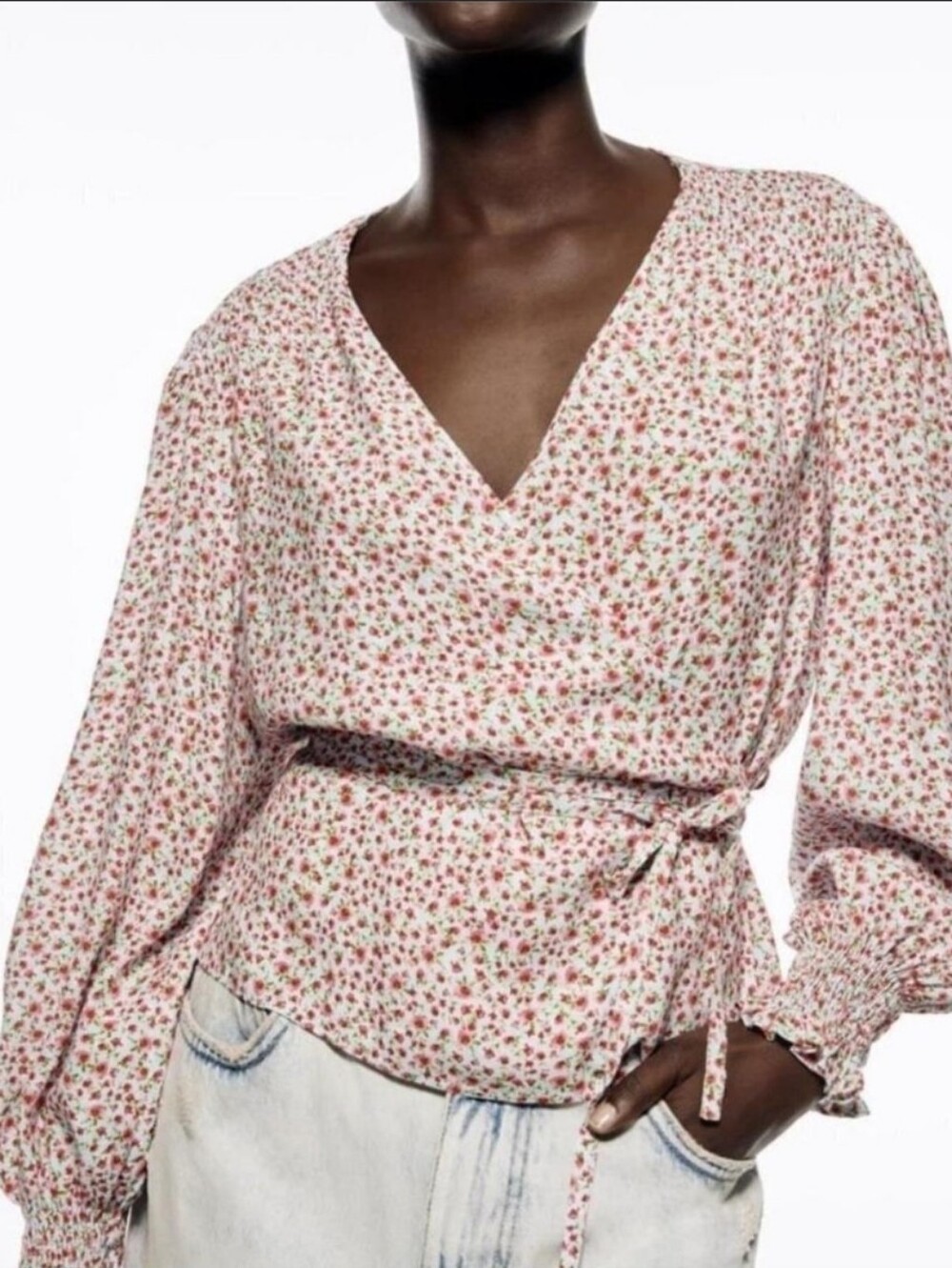 Zara Floral Print V-neck Long Sleeve Wrap Blouse Size XL NWT